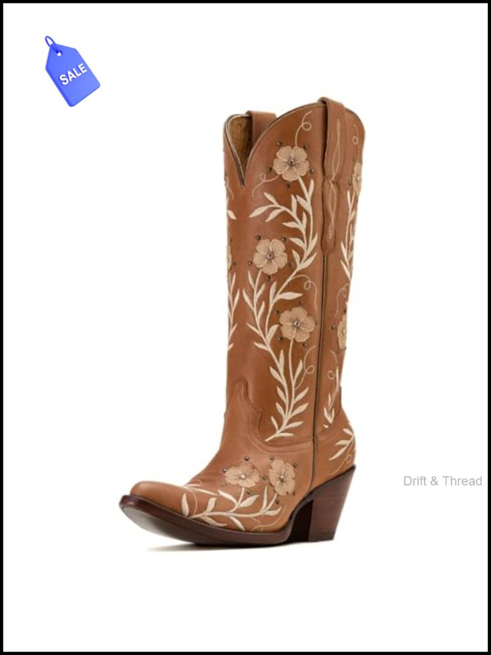 Knee High Cowboy Boots Pearl Embroidered Pointed Toe Chunky Heel Pull On Western